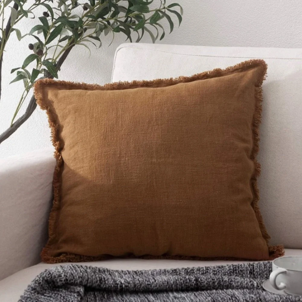 Luxury Home | Boho Chic Coffee Brown Frayed Trim Linen Throw Pillow Cover